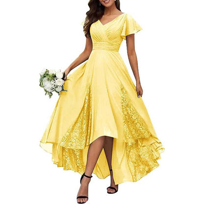 V-Neck Long Bridesmaid Dress Chiffon, Lace & Customizable Colors