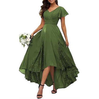 V-Neck Long Bridesmaid Dress Chiffon, Lace & Customizable Colors