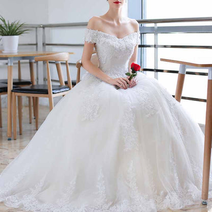 Vintage A line Tulle Off The Shoulder White Wedding Dresses for Bride