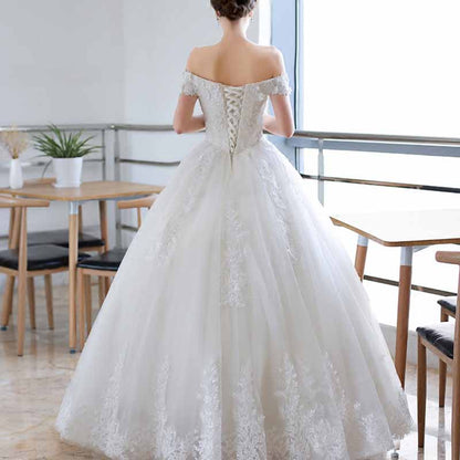 Vintage A line Tulle Off The Shoulder White Wedding Dresses for Bride