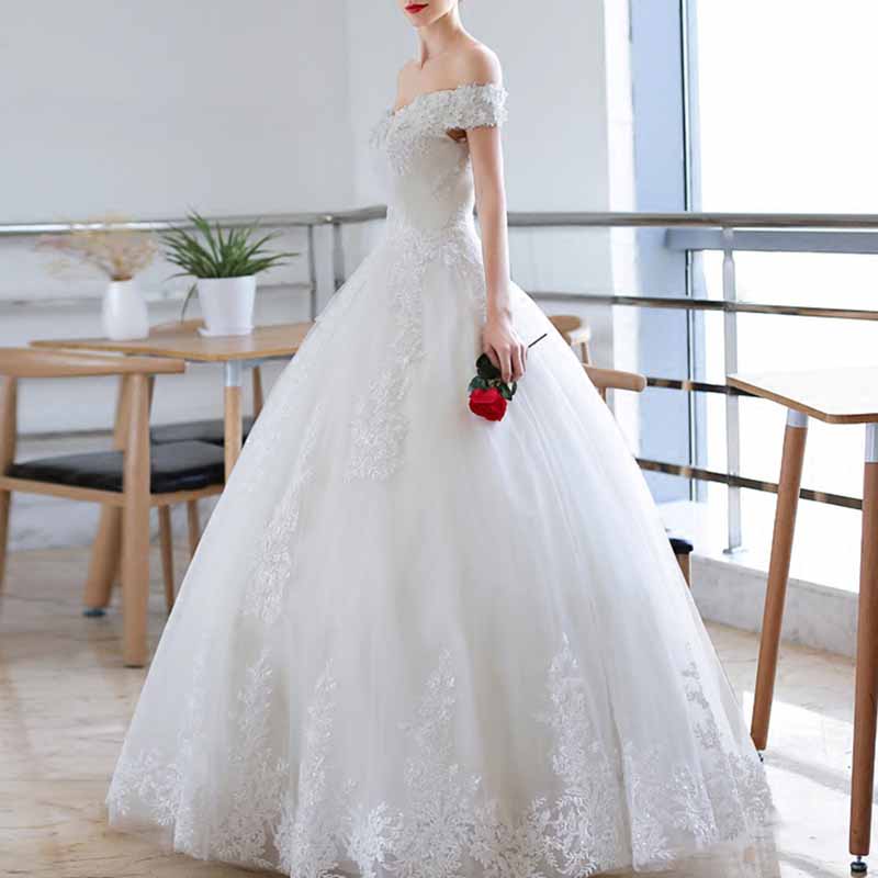 Vintage A line Tulle Off The Shoulder White Wedding Dresses for Bride