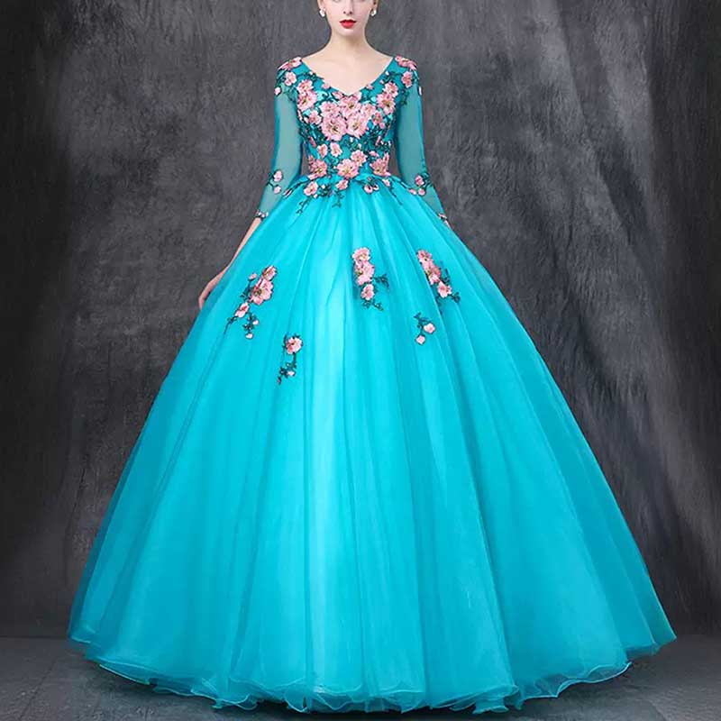 Vintage Lace Flower Appliques Prom Dress Quinceanera Dress