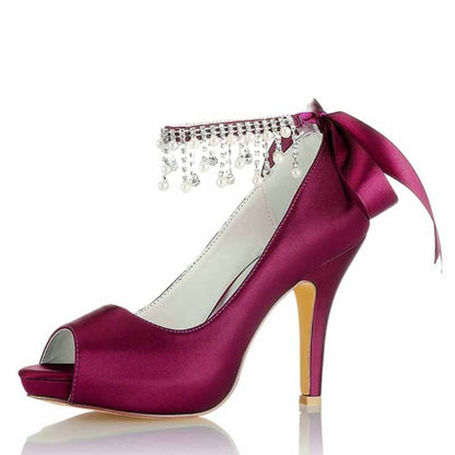 3.93" Satin Wedding Shoes Pearl Rhinestones Platform Dress Shoes