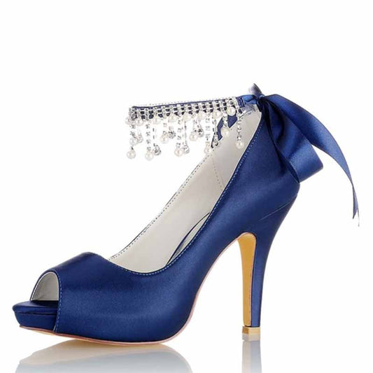 3.93" Satin Wedding Shoes Pearl Rhinestones Platform Dress Shoes