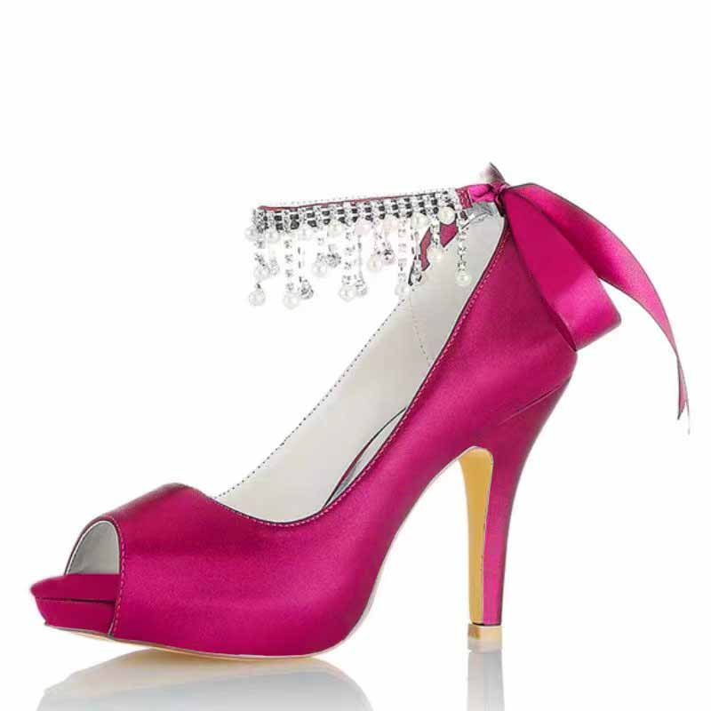 3.93" Satin Wedding Shoes Pearl Rhinestones Platform Dress Shoes