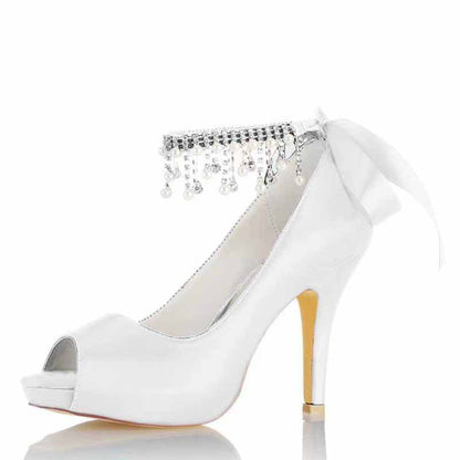 3.93" Satin Wedding Shoes Pearl Rhinestones Platform Dress Shoes