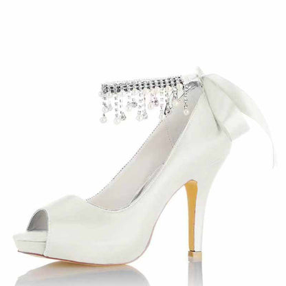 3.93" Satin Wedding Shoes Pearl Rhinestones Platform Dress Shoes