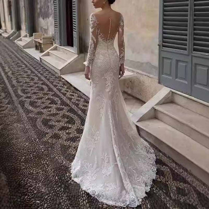 Wedding Dress V-neck Backless Long Sleeve Lace Sheath Bridal Dress