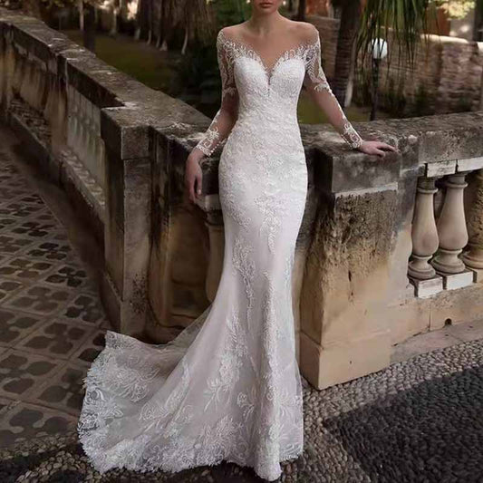 Wedding Dress V-neck Backless Long Sleeve Lace Sheath Bridal Dress