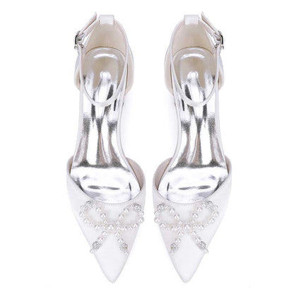 Wedding Shoes Satin Block Heel Wedding Heels Pearls Bowknot Dress Shoes