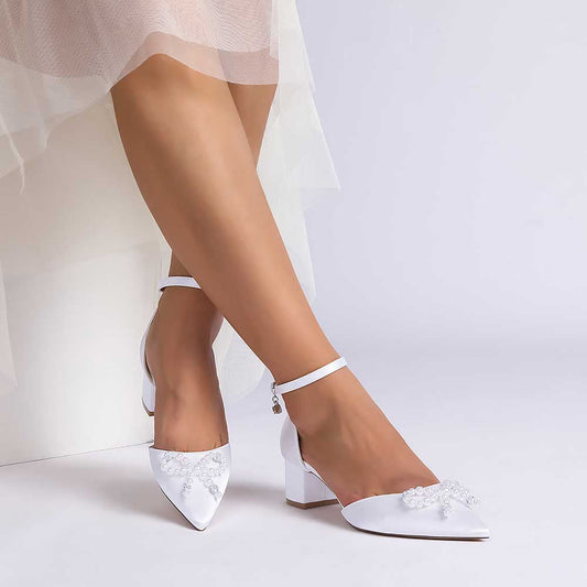 Wedding Shoes Satin Block Heel Wedding Heels Pearls Bowknot Dress Shoes