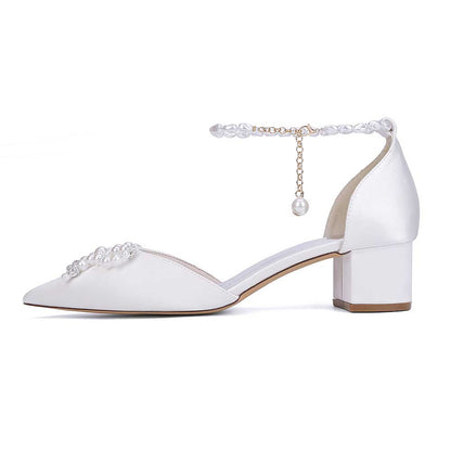 Pearl & Bow Satin Wedding Heels – Elegant Block Heel Bridal Shoes for Bride, Bridesmaid