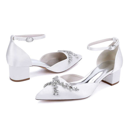 Wedding Shoes Satin Chunky Heel Slingbacks Ankle Straps Bridal Shoes