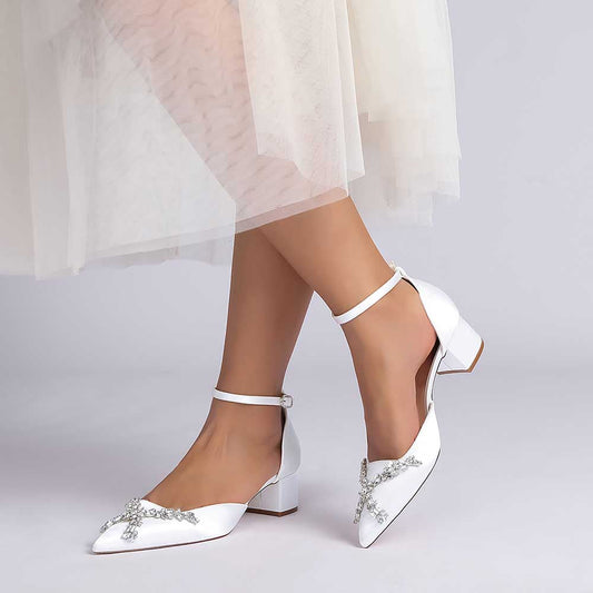 Wedding Shoes Satin Chunky Heel Slingbacks Ankle Straps Bridal Shoes