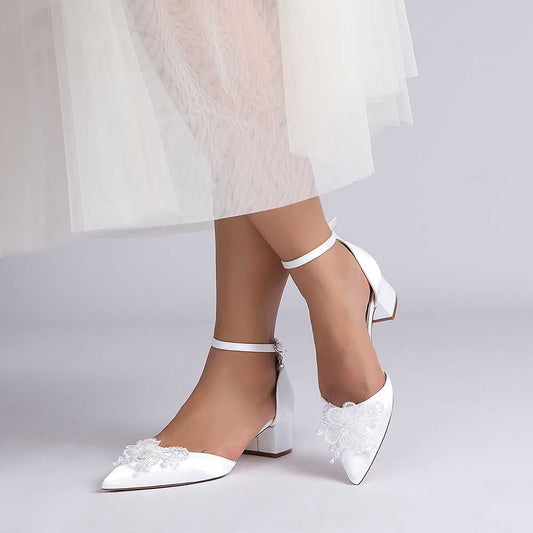 Wedding Shoes Satin Chunky Heel Wedding Heels Bowknot Dress Shoes