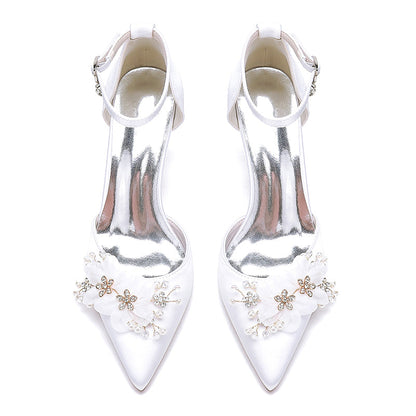 Wedding Shoes Satin Chunky Heels Flower Detail Dress Shoes