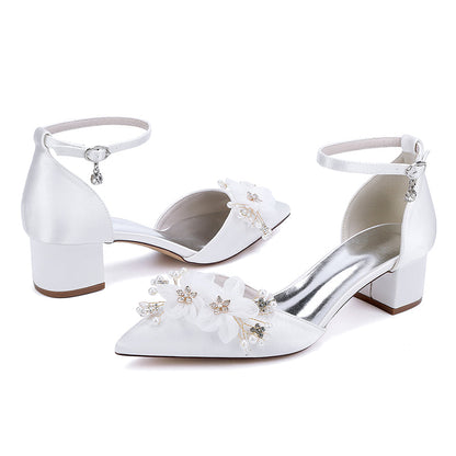 Wedding Shoes Satin Chunky Heels Flower Detail Dress Shoes