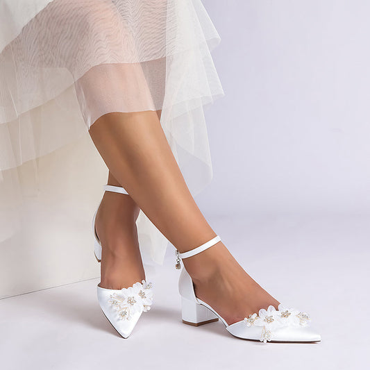 Wedding Shoes Satin Chunky Heels Flower Detail Dress Shoes
