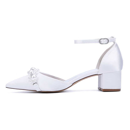 Wedding Shoes Satin Chunky Heel Wedding Heels Pearls Detail