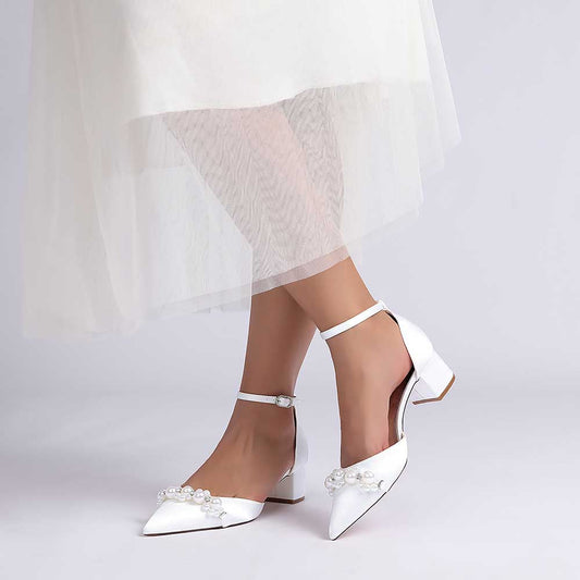 Wedding Shoes Satin Chunky Heel Wedding Heels Pearls Detail