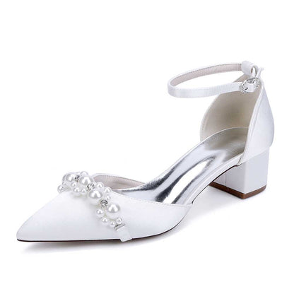 Wedding Shoes Satin Chunky Heel Wedding Heels Pearls Detail