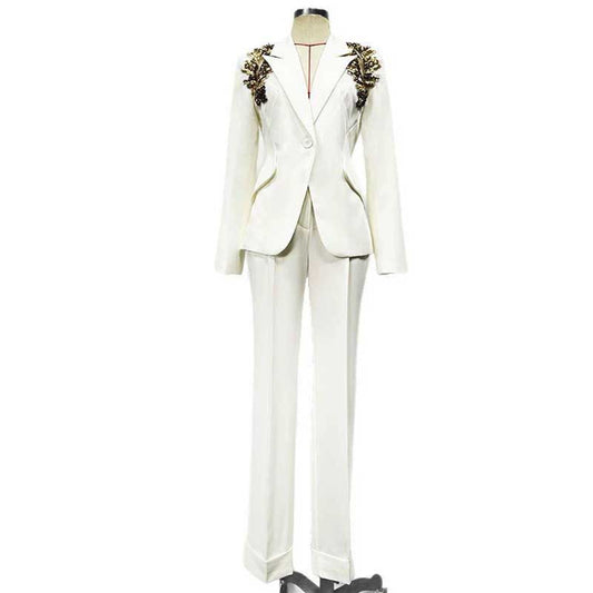 Rhinestone-Embellished White Pantsuit | One-Button Blazer for Events