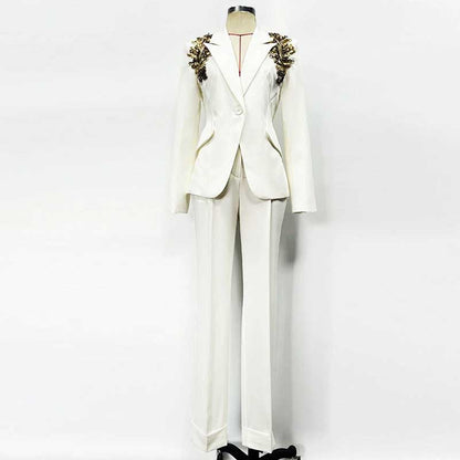Rhinestone-Embellished White Pantsuit | One-Button Blazer for Events