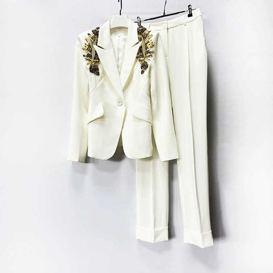 Rhinestone-Embellished White Pantsuit | One-Button Blazer for Events