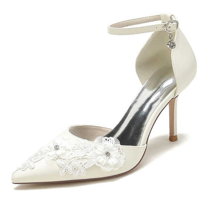 3.35" Wedding Shoes Flower Appliqued Heels Ankle Straps Bridal Shoes