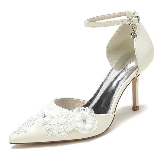 3.35" Wedding Shoes Flower Appliqued Heels Ankle Straps Bridal Shoes