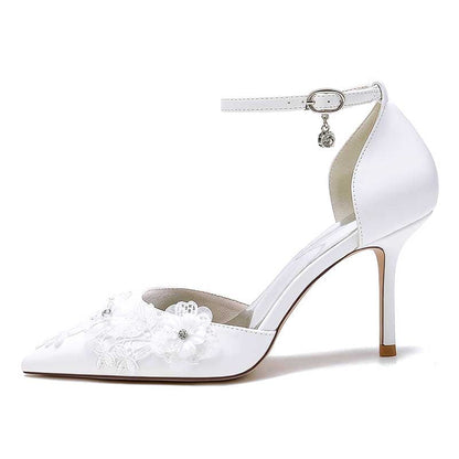 3.35" Wedding Shoes Flower Appliqued Heels Ankle Straps Bridal Shoes