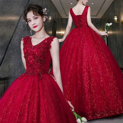 Wine Red Sparkly Ball Gown Prom Dress Quinceanera Dress