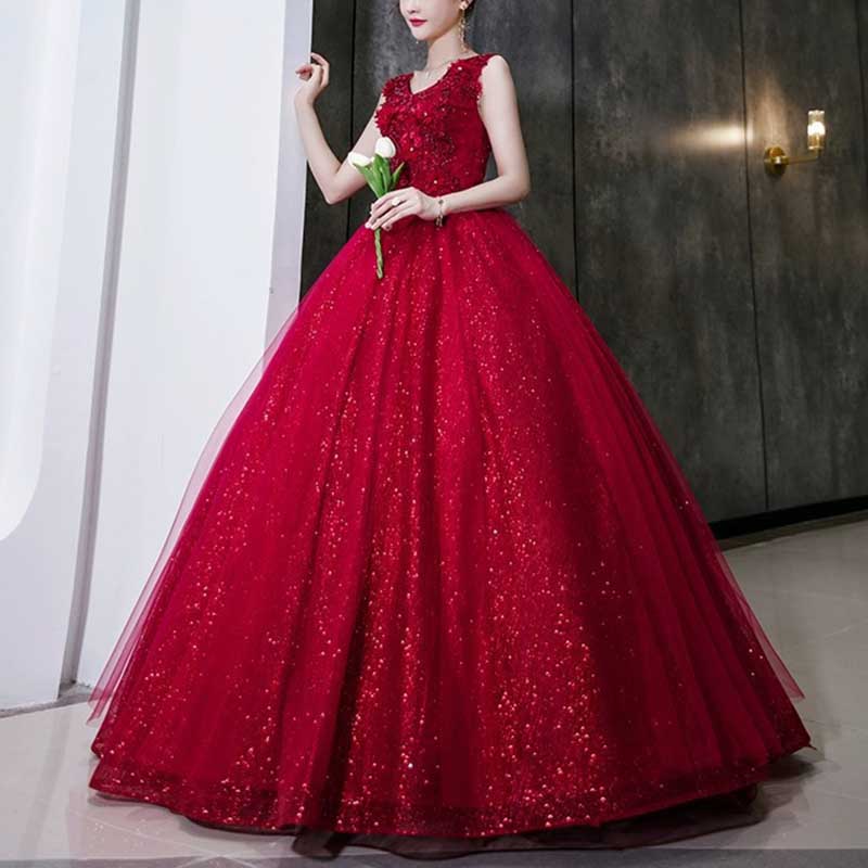 Wine Red Sparkly Ball Gown Prom Dress Quinceanera Dress