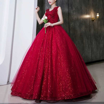Wine Red Sparkly Ball Gown Prom Dress Quinceanera Dress