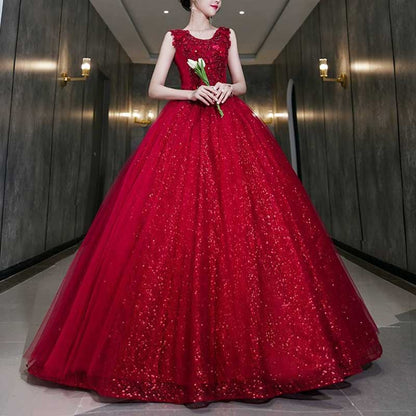 Wine Red Sparkly Ball Gown Prom Dress Quinceanera Dress