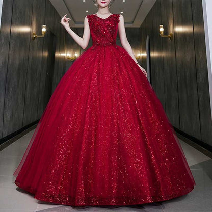 Wine Red Sparkly Ball Gown Prom Dress Quinceanera Dress