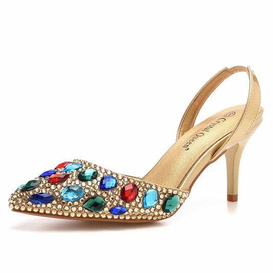 Women heels with multi-colored gems and gold accents sparkling formal sandals for women