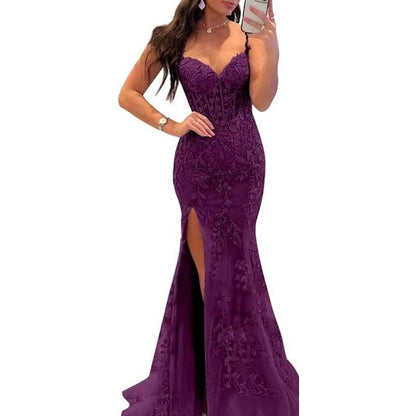 Lace Applique Mermaid Prom Dresses Spaghetti Straps Wedding Ball Gowns