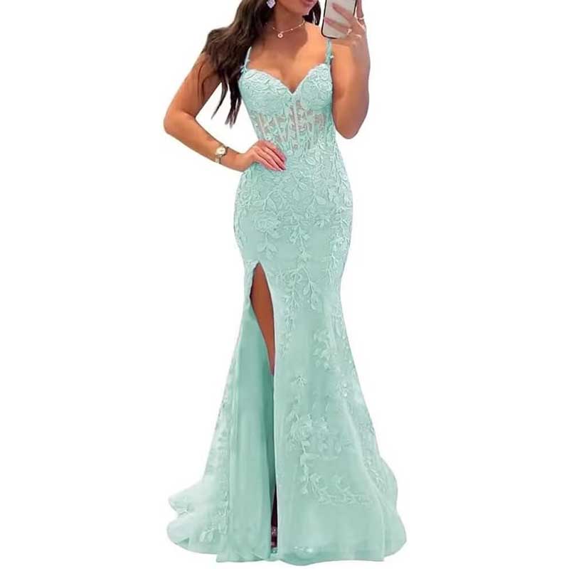 Lace Applique Mermaid Prom Dresses Spaghetti Straps Wedding Ball Gowns