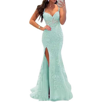 Lace Applique Mermaid Prom Dresses Spaghetti Straps Wedding Ball Gowns