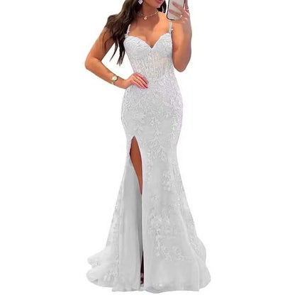 Lace Applique Mermaid Prom Dresses Spaghetti Straps Wedding Ball Gowns