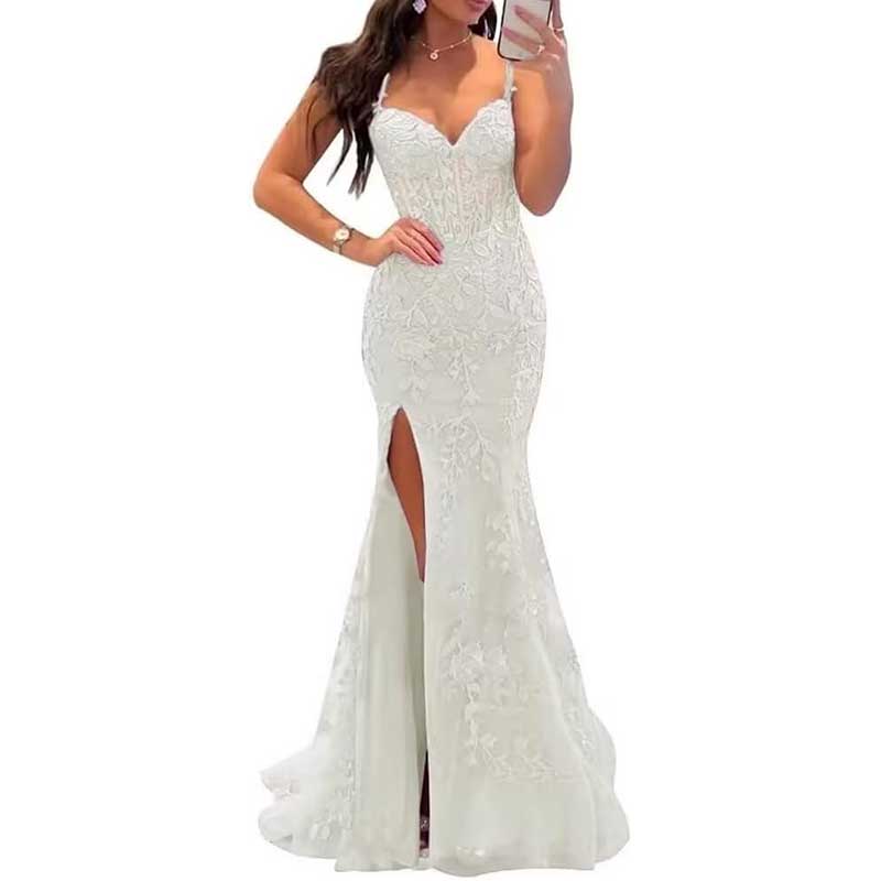 Lace Applique Mermaid Prom Dresses Spaghetti Straps Wedding Ball Gowns