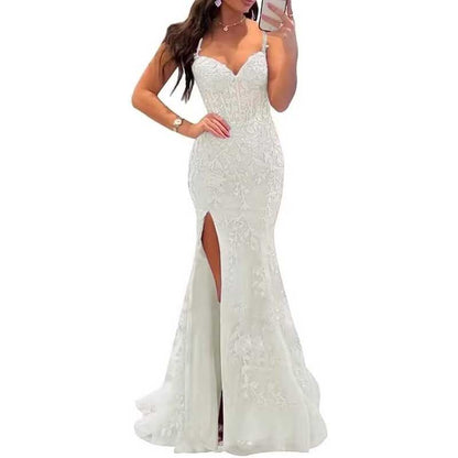 Lace Applique Mermaid Prom Dresses Spaghetti Straps Wedding Ball Gowns