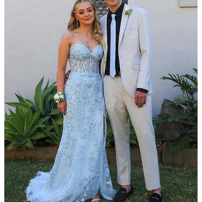 Lace Applique Mermaid Prom Dresses Spaghetti Straps Wedding Ball Gowns