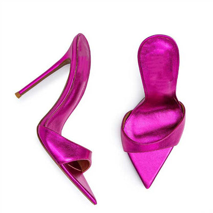 Women Metallic Leather Mules High Heels Chic Sandals