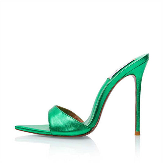Women Metallic Leather Mules High Heels Chic Sandals