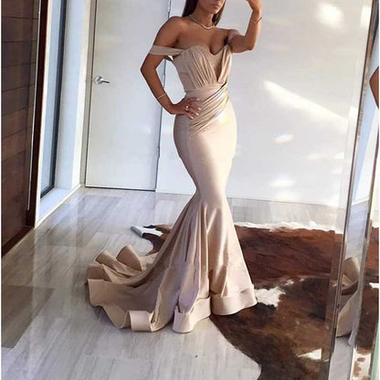 Off The Shoulder Mermaid Long Bridesmaid Dresses Satin Wedding Ball Gown