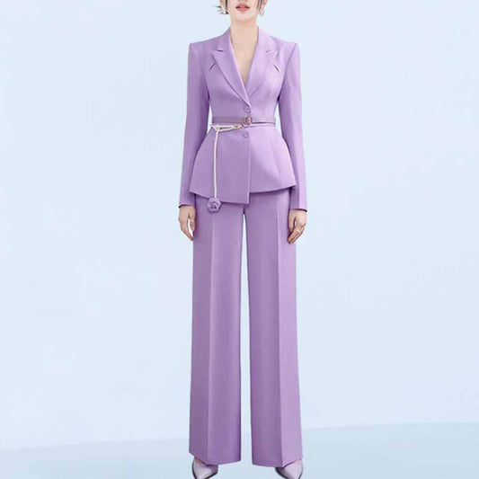 Women's Wide Leg Pantsuit Lavender V Neck Formal Suit