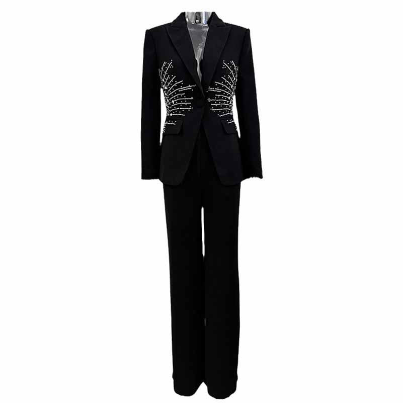 Black Bead Embellished One Button Pantsuit Black Formal Suit