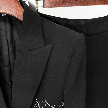 Black Bead Embellished One Button Pantsuit Black Formal Suit